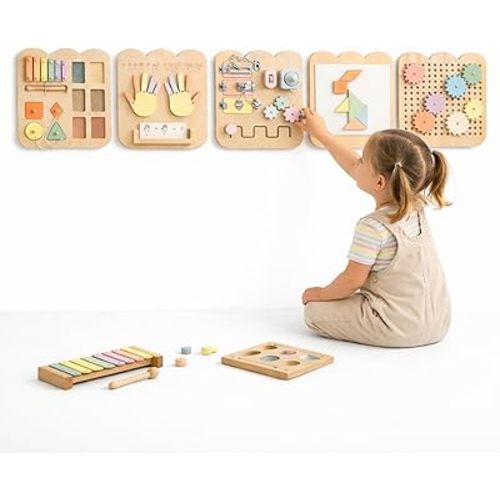 Sensory Wall Panel for Kids, Montessori Wall Activity Board for Toddlers 2-7, Wooden Busy Board Wall - 5 Panels, Wall Busy Board, Toddler Playroom, Learning Activity Center, Playroom Toys