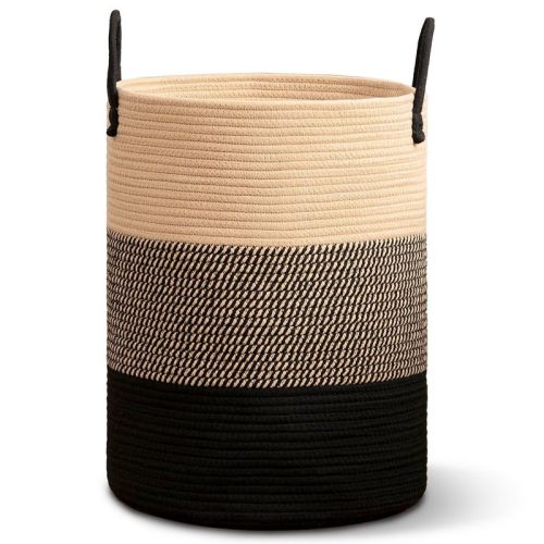Cheer Collection Large Cotton Rope Laundry Hamper with Handles – Tall Woven Basket for Clothes, Toys, Blankets - 3 Tone Black/Gray/Tan