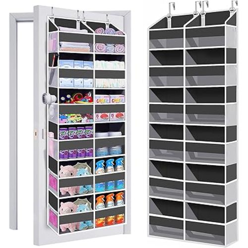 Heavy Duty Over The Door Organizer 6 Tiers, Extra Large Behind Door Storage of 12 Big Front & 12 Mesh Pockets, 80lb Weight Capacity, Hanging Doors Storage Organizer for Closet Bedroom Nursery, Grey