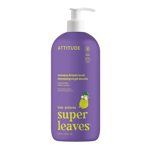 ATTITUDE Shampoo and Body Wash for Kids, EWG Verified Hair and Body Cleanser, Dermatologically Tested Soap, Plant and Mineral Based Bath Products, Vegan, Vanilla and Pear, 32 Fl Oz