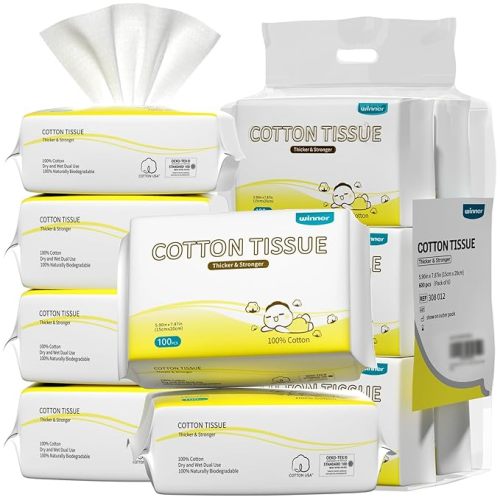 Winner 100% Cotton Dry Wipes, USDA Certified Baby Wipes, Soft & Gentle, Hypoallergenic & Unscented for Baby Sensitive Skin, Use Wet/Dry for Diaper Changes, Meals & Cleanup, Pack of 6, 600 pcs