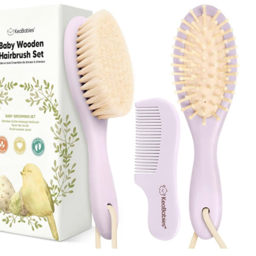Baby Hair Brush Set for Newborns - Soft Goat Bristle Wooden Baby Brush and Comb Set Newborn Grooming Kit for Cradle Cap, Durable & Gentle, Boy, Girl Infant Essentials Care Kit (Oval, Thistle)