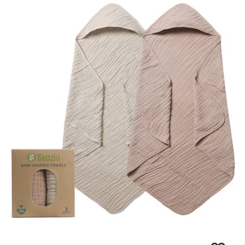 Muslin Hooded Baby Towels, 2 Pack 100% Cotton 32x32Inch Baby Bath Towel with Hood for Babies, Infant, Toddler, Soft and Absorbent Newborn Essential. (Light Bean Paste)