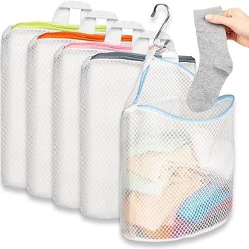 5Pcs Hanging Laundry Bags for Socks with S Hooks,12 X 10 inch 5 Color Mesh Laundry Bags for Washing Machine