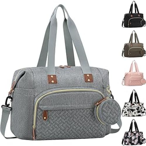 Tenot Diaper Bag Tote, Baby Bag Travel Diaper Tote Bag with Pacifier Case, Cute Maternity Hospital Baby Stylish Diaper Tote for Mom Dad Medium Size, Grey
