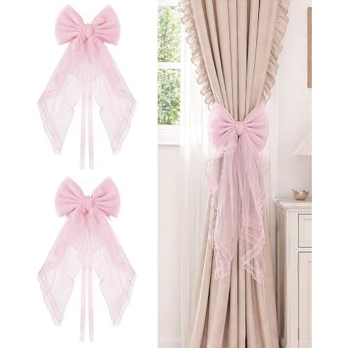2 Pack French Lace Bow Curtain Tiebacks, Large Bow Curtains Holdbacks Ties for Home Bedroom Wedding Party Décor (Pink)