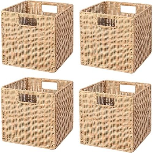 10.5 x 10.5 in Plastic Wicker Baskets for Cube Storage, Collapsible Square Wicker Storage Basket Set of 4, Rattan Storage Cube, Square Baskets for Shelves - Khaki