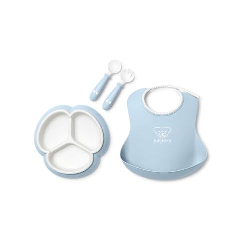 BabyBjörn Mealtime Set, 4 pc, Powder blue | Includes Baby Plate, Baby Fork, Baby Spoon, and Baby Cup | Dishwasher Safe | Toddler feeding set for self-feeding or baby-led weaning