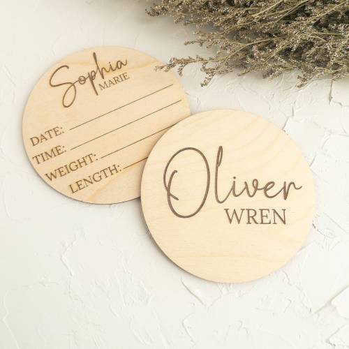 Baby Name Sign for Hospital, Birth Stats Sign, Custom Wood Newborn Welcome Baby, 5” Round Wood