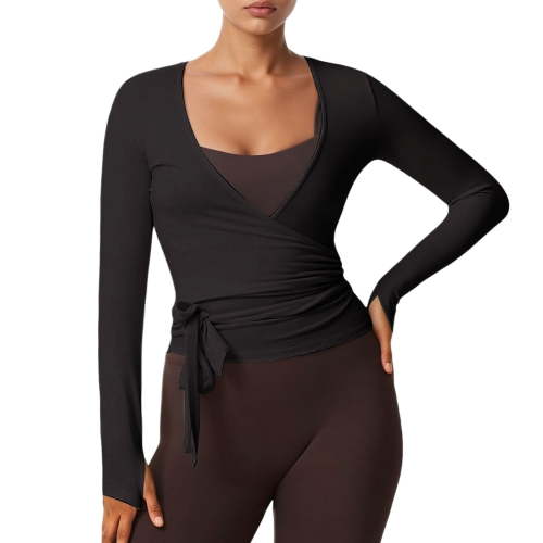 Women'S Ballet Wrap Top Long Sleeve Tie Workout Pilates Yoga Wrap Top Black M