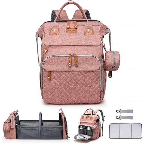 Baby Diaper Bag Backpack Diaper Bag Multifunctional Waterproof Diaper Bag with Changing Station Travel Diaper Backpack with Changing Pad, Pacifier Case & Stroller Straps(Pink)