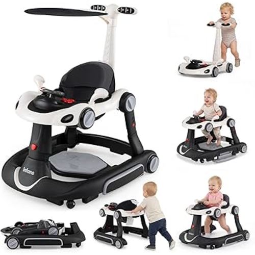 INFANS 6-in-1 Foldable Baby Walker, Converts Push Car to Bouncer, Rocker with Music, Lights, Adjustable Height & Speed, Activity Center, Canopy for 7-18 Months (Black)