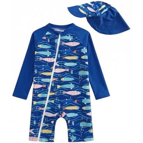 DivingBirds Baby Boy Rash Guard Swimsuit Set with Sun Hat - Long Sleeve Zip One Piece Toddler Bathing Suit for Beach & Pool