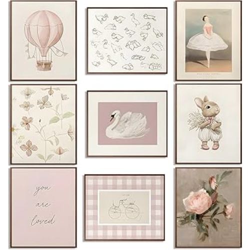 9pcs Nursery Pink Wall Art Baby Girl Canvas Wall Art Vintage Floral Prints Kids Room Wall Decor Flower Poster Antique Pictures Swans Painting for Girls Room Bedroom kindergarten 8x10Inch Unframed