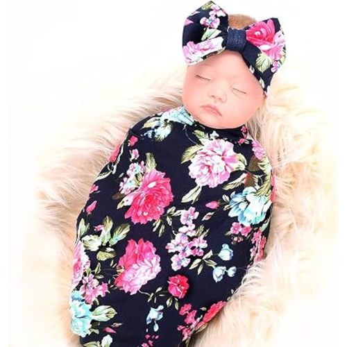 Galabloomer Newborn Receiving Blanket Headband Set Baby Flower Swaddle