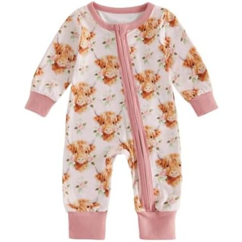 Newborn Western Baby Girl Clothes Highland Cow Zipper Romper 0-18M