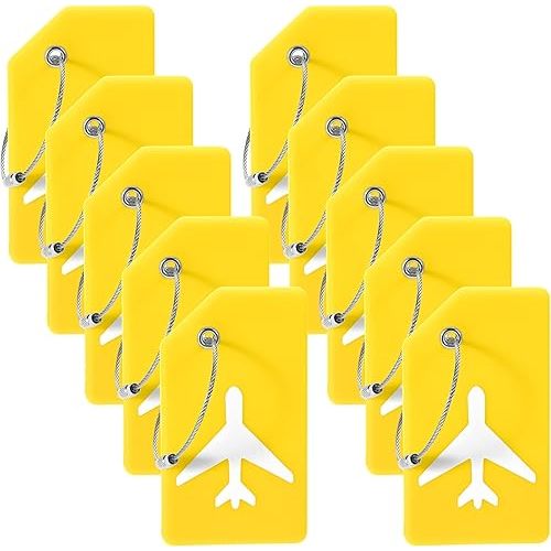 10 Pack Silicone Luggage Tag for Suitcases with Stainless Loop, TSA Approved, Privacy Protection Travel Essentials Bag Tags by Gostwo, Yellow