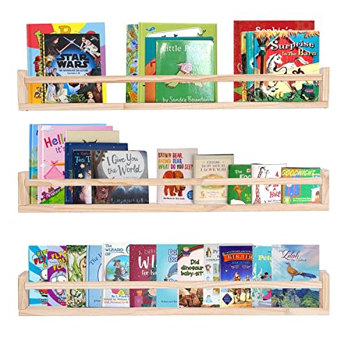 AZSKY Natural Wood Nursery Shelves Floating Wall Book Shelves Nursery Kids Baby Toddler Room Décor 36 in Bookshelf for Toy Picture Display a Set of 3 Same Sizes