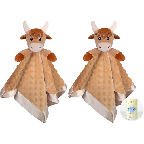 Baby Security Blanket, Soft Baby Lovey Toy Blanket for Boys, Snuggle Toy Lovie Newborn Gift, 2PCS Babies Blankie Boy Highland Cow 16 Inch