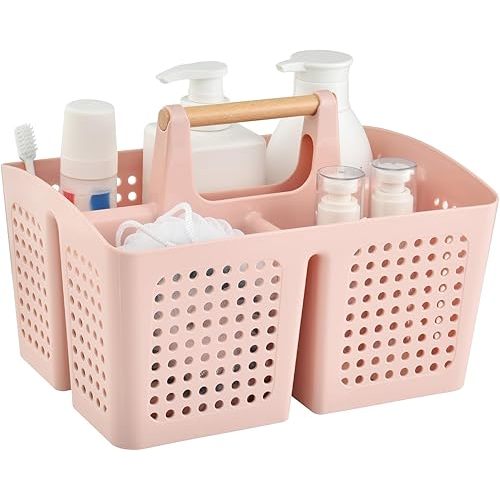 Portable Shower Caddy Basket with Compartments, Plastic Divided Cleaning Caddy Organizer Storage Tote with Handle for Bathroom, College, Dorm Room Essentials, Pink