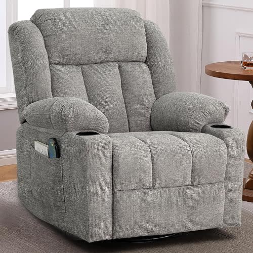 Rocker Swivel Recliner Chair for Adults, Overstuffed Large Manual Recliner Glider with Massage and Heat, Comfy Soft Fabric Living Room Reclining Sofa Chair (Lime Gray1)