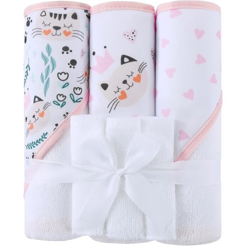 Viviland 6 Pcs Hooded Baby Towels and Washcloths Set, Super Gentle Bath Towels for Newborn Face & Body, Absorbent Wash Cloth for Infants Girls, Flower-Cat Pattern, 28 x 28 inch