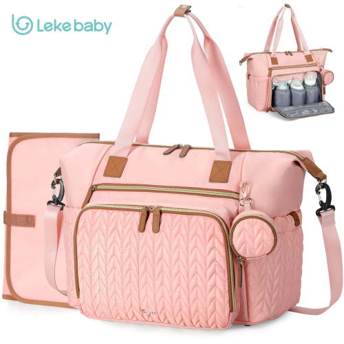 Lekebaby Diaper Bag Tote, Travel Diaper Bags with Changing Pad & 16 Pockets, Hospital Bag for Labor Delivery Baby Bag for Mom, Pink