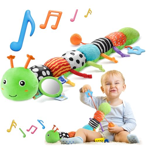 HEMRLY Baby Sensory Toy 0-6 Months, Musical Stuffed Caterpillar Plush with Teether, Crinkle, Rattle, Baby Mirror for Tummy Time, Infant Car Seat Toy for 0-3-6-12 Month Boys Girls Gifts - Knotted Green