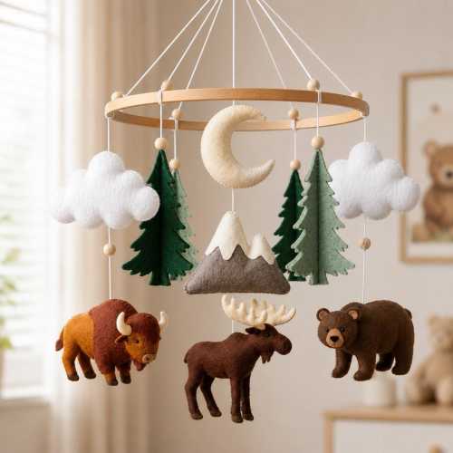 Woodland Mountain Baby Mobile, Bear Moose Bison Crib Mobile, Forest Nursery Decor, Baby Shower Gift, Felt Mobile