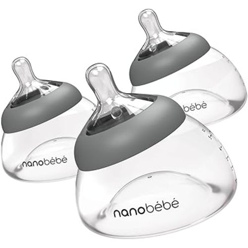 Nanobebe Breastmilk Baby Bottle 3 Pack 5oz Grey Preserves Breastmilk Nutrients Anti Colic Triple Vented Nipple Fast Heating Breast Shaped Bottle for Easy Transition BPA Free