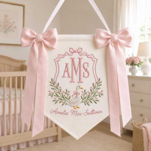 Personalized Goose Baby Banner, Custom Embroidered Name Sign, Silly Goose Nursery Wall Decor, Baby Girl Room Flag with Bows, Newborn Gift