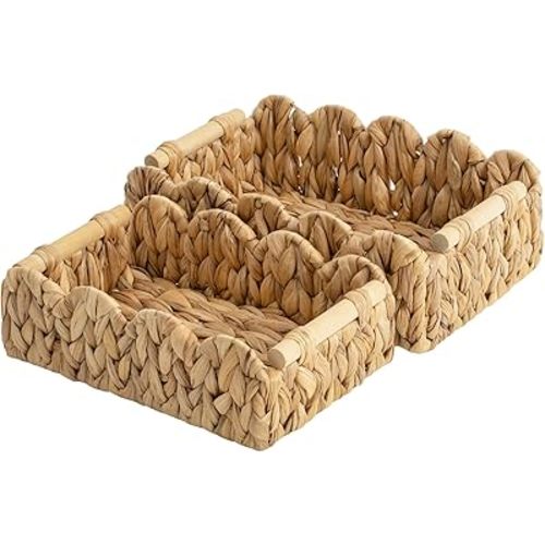 StorageWorks Toilet Paper Storage Basket, Living Room Organizers and Storage, Toilet Paper Basket with Wooden Handles, Small Water Hyacinth Scalloped Basket, Natural
