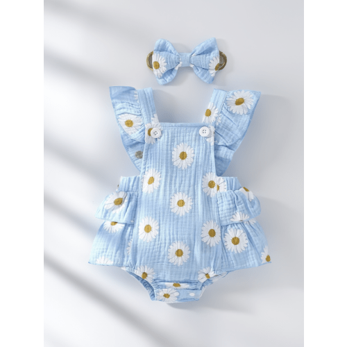 Baby Girl Daisy Floral Ruffle Trim Overall Bodysuit & Headband