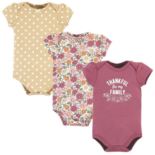 Hudson Baby Infant Girl Cotton Bodysuits, Thankful Floral, 3-6 Months