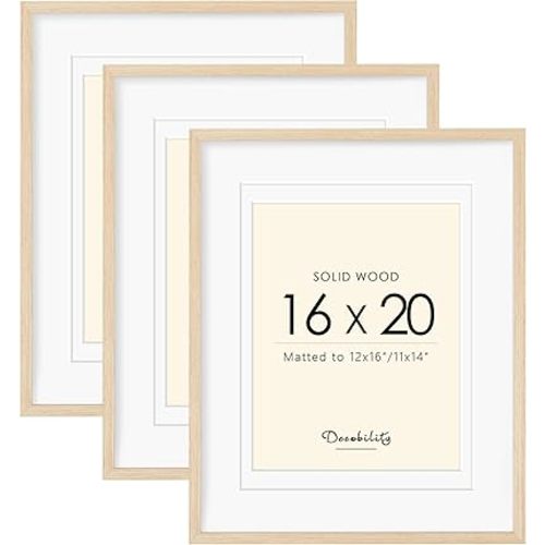 16x20 Picture Frames Matted for 11x14 and 12x16 Picture, Set of 3 Solid Wood Picture Frame with Plexiglass, Wall Gallery Frame Set for Tabletop or Wall Mounting Display (3 Pack of Oak)