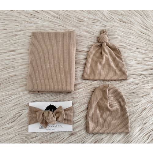 Light Tan Ribbed Baby Swaddle Blanket Set: Newborn Knot Hat