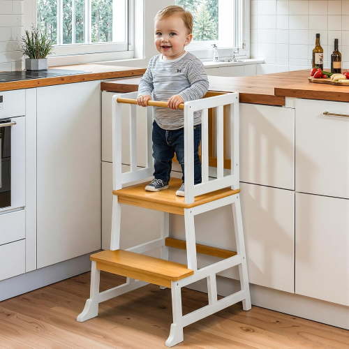 Sunny Lane Toddler Kitchen Stool Helper – Stable A-Frame Design Kids Kitchen Step Stool with Protective Crossbar – Wooden Toddler Standing Tower for Learning in Bathroom (White & Natural)