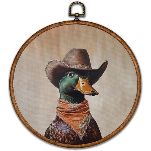 BCUANGD Western Trendy Round Wall Art Decor - Retro Duck Neutral Wall Art Canvas Frame Artwork Prints, Rustic Vintage Country Round Wall Hanging Decorations for Home Farmhouse Bedroom, 10"x10"