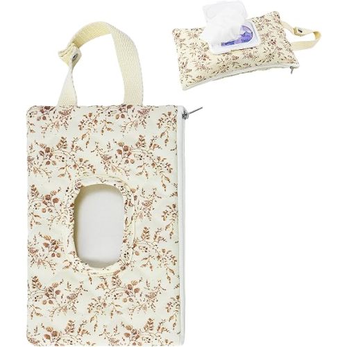 Quilted Baby Wipe Holder Floral Diaper Pouch Portable Quilted Wipes Bag for Car, Stroller (Beige Pattern)