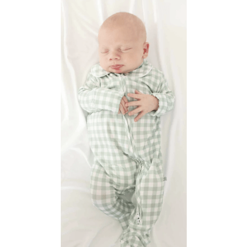 Peter Pan Collar Zipper Footie | Moss Gingham