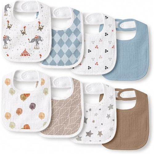 Muslin Bibs for Baby Boy Girl, Adjustable Fit for Drooling and Teething