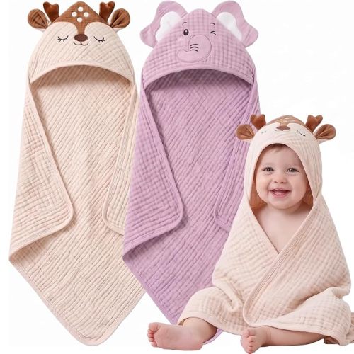 4 PCS Muslin Baby Bath Towels Set for Boys & Girls, Elephant & Deer