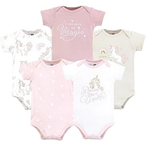 Hudson Baby Infant Girl Cotton Bodysuits, Unicorn Dreams Pink, 3-6 Months