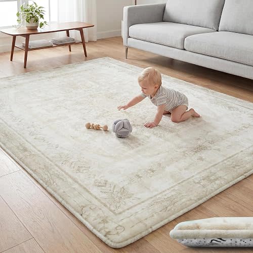 Huloo Sleep Baby Play Mat for Floor - 79x59 Inches 1.3" Thick Elasti-Foam Playpen Mat for Toddlers Infant Kids, Water-Repellent Nursery Rug, Non-Slip Backing for Crawling & Tummy Time, Vintage Beige