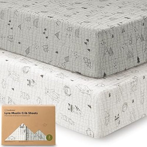 KeaBabies 2-Pack Muslin Crib Sheets for Boys, Girls - 100% Organic Cotton Fitted Baby Crib Mattress Sheet, Soft Breathable Standard Toddler Bed Cover Bedding Set, Neutral, Durable 52x28 (Woodland)
