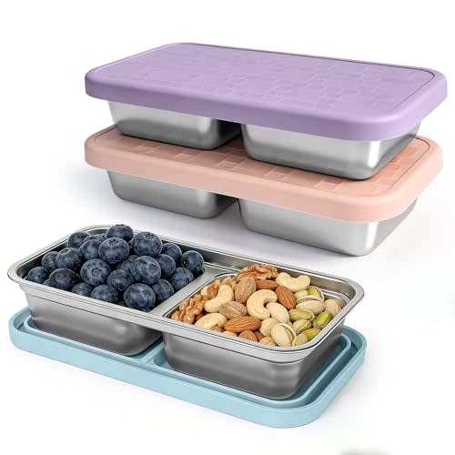 3 Pack 15 oz Stainless Steel Snack Containers for Kids, Reusable Metal Snack Containers with Silicone Lids, 2 Compartment Stackable Metal Toddler Lunch Box for Daycare, School and Outdoor