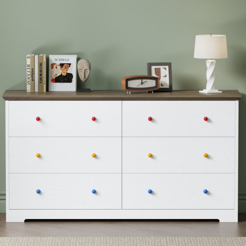 Winston Porter 59" W 6-drawer Dresser With 12 Coloured & 12 Handles Options, Modern Wood Chest Of Drawers, Double Dresser Organizer With Silent Sliding Rail For Bedroom & Reviews | Wayfair