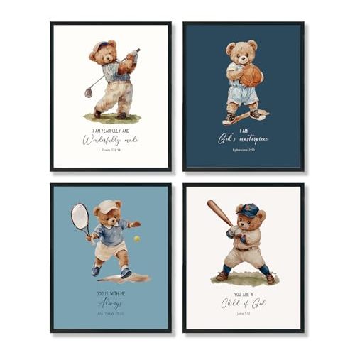 ShowDraven Bear Sports Nursery Kids Wall Decor, Christian Room Decor for Boys Room,Vintage Sports Wall Art for Classroom Gym Playroom, Unframe 8x10 Inch Unframed