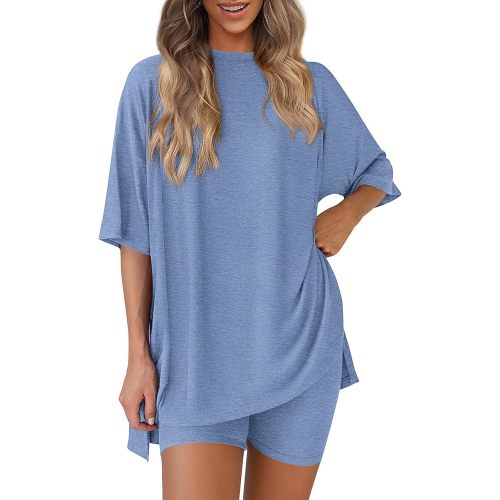PRETTYGARDEN Women 2 Piece Lounge Set 2026 Summer Casual Oversized Shirts Biker Shorts Matching Airport Travel Outfit Clothes
