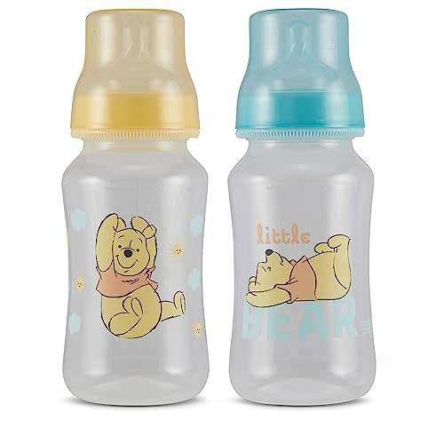 Disney Winnie The Pooh Baby Bottles 11 oz for Boys or Girls | 2 Pack of Infant Hourglass Shaped Bottles with Cover for Newborns and All Babies | BPA-Free Plastic Baby Bottle for Baby Shower